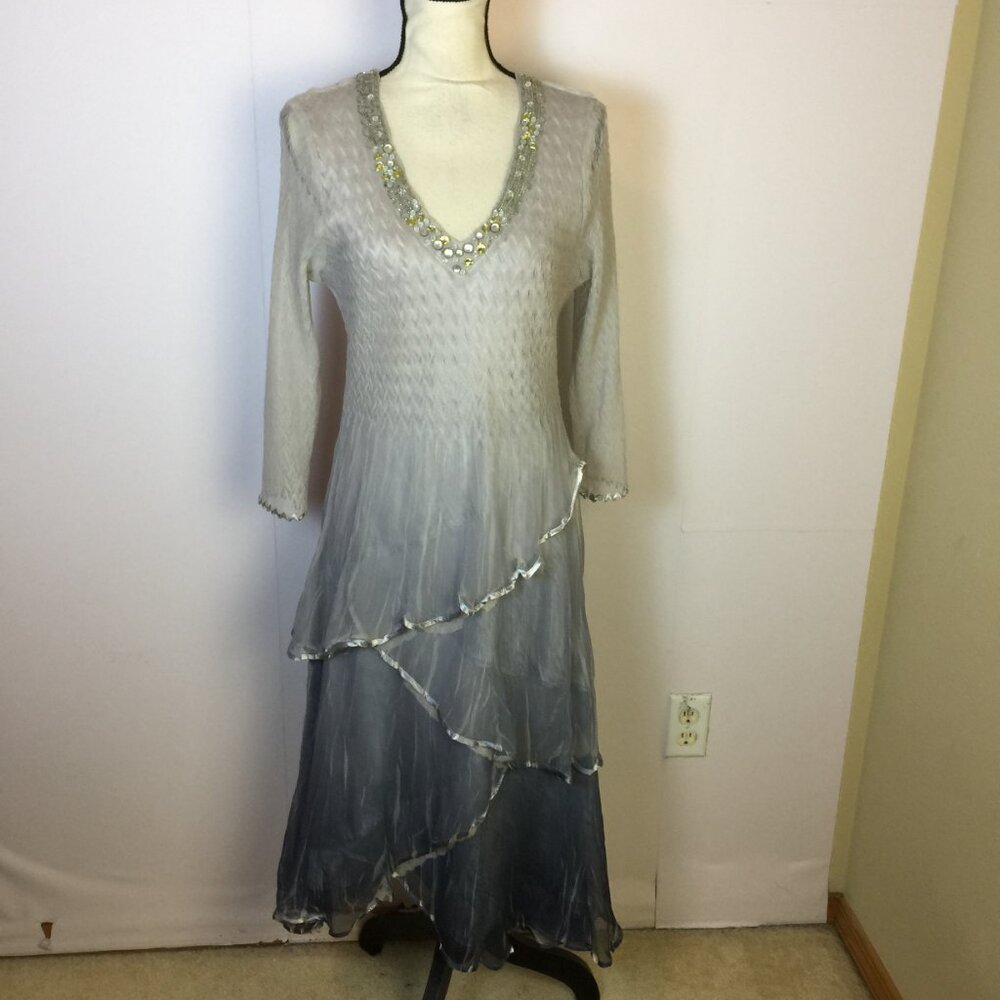Komarov Tiered Midi Dress Size L Womans Charmeuse 3/4 Sleeves Ombre Blue Beaded